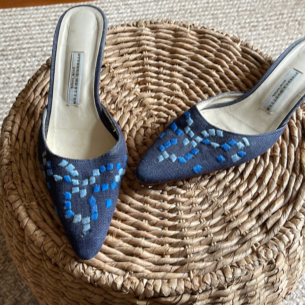 High end denim mule. Minor wear at the toe.